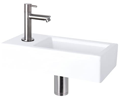 Differnz Helios Waschbecken klein, Handwaschbecken Keramik Weiß, Matt Chrom Armaturen Wasserhahn Links, Waschtisch, Kaltwasserhahn – 37.5 x 18 x 9.5 cm