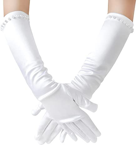 TINAYAUE Mädchen Satin Handschuhe Prinzessin Lange Perlenhandschuhe Bekleidungszubehör für Hochzeit, Karneval, Mottoparty
