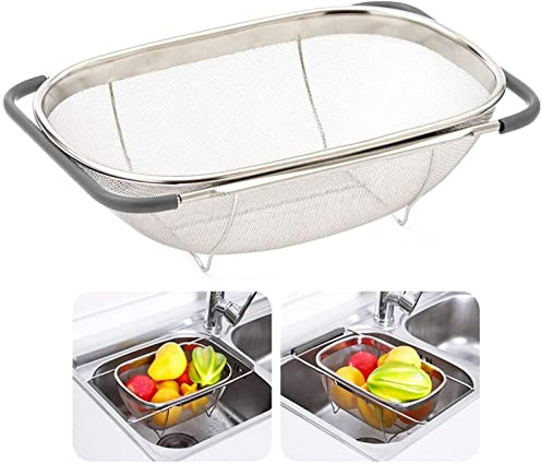 AJIODA Over The Sink Colander, 6 Quarts Stainless Steel Oval Colander with Expandable Rubber Grip Handle, Fine Mesh Strainer Baskets Kitchen Colanders for Strain, Drain, Rinse Vegetables, Fruits, Grey