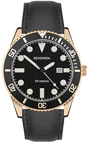 Sekonda Dive Oceans Herren 43 mm Quarzuhr mit Analog-Datumsanzeige und Edelstahlarmband, schwarz/schwarz, Armband