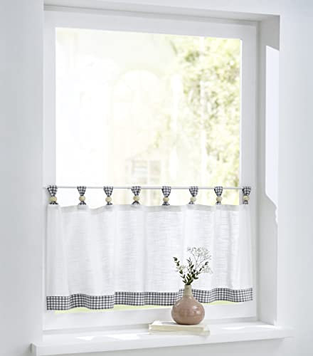 Cottage Scheibengardine Bistrogardine weiß grau kariert mit Schlaufen und Holzkugeln,Reine Baumwolle, Landhaus-Gardine Küche, Breite 120 cm x Höhe 35 cm