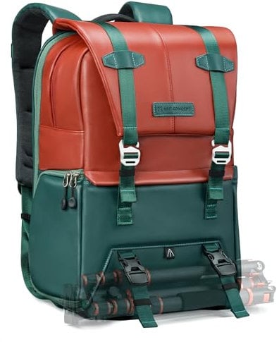 K&F Concept 20L Camera Backpack for Photographers Large Capacity PU Leather Camera Bags with Raincover, 15.6 Inch Laptop Compartment for Camera Drone Bags
