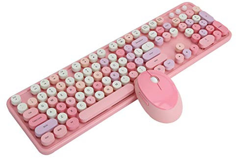 lyrlody Wireless Office Desktop Cute Keyboard and Mouse Set, 104 Key, Mechanical Feel, Retro Typewriter Style, USB Connection,Compatible (Pink Theme)