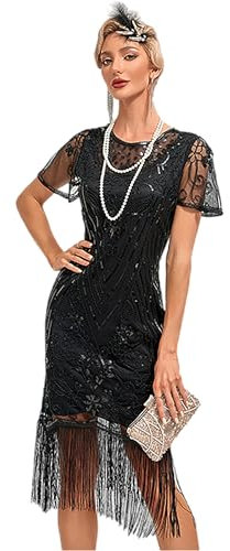 VILOREE 1920s Kleid Damen Flapper Charleston Kleid Gatsby Pailletten Cocktail Abschlussballkleid Party Kostüm Kleid Schwarz (53) 3XL