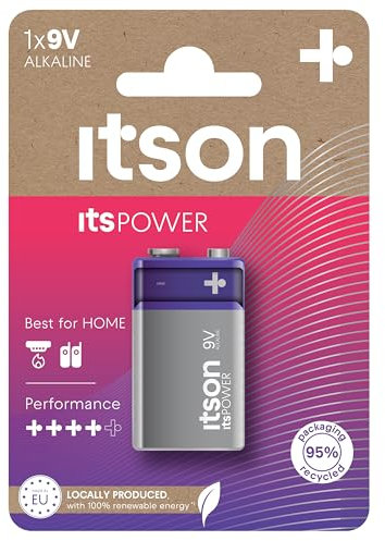 ITSON, 9V batteria alcalina, confezione da 1, ideale per rilevatori antincendio, rilevatori di fumo e accordatori, confezione senza plastica, 6LR61IPO/1CP