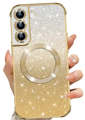Phoona für Samsung Galaxy S22 Hülle, Magnetisch Handyhülle Kompatibel mit MagSafe, Keine Vergilbung, Kratzfeste, Ganzkörperschutz Glitzer Hülle für Samsung Galaxy S22 5G, Mit 2 Schutzfolie, Gold