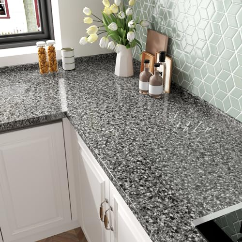 HotDecor Self Adhesive Black Marble Wallpaper 60cm x 300cm Glossy Vinyl Wrap for Kitchen Worktop Black Granite Wallpaper Sticky Back Plastic Bathroom Waterproof Wall Paper Kitchen Wrap for Cupboards