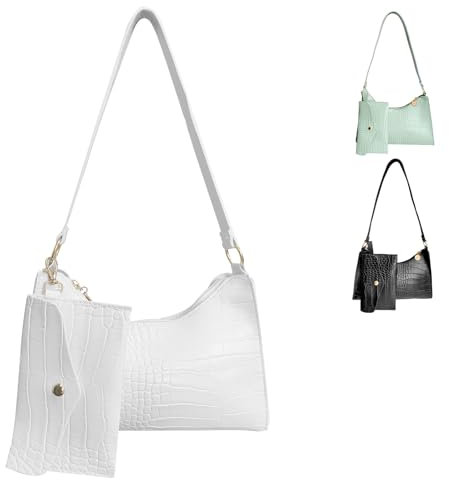 Sac Porté éPaule En Cuir De Crocodile,Sac à BandoulièRe En PU Cuir Pour Femme,Sac à Main Pour PU Cuir,Sac à Main En Forme De Croissant Livré Avec Un Petit Sac (Blanc)