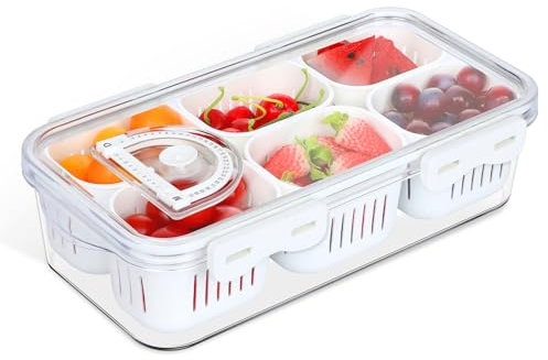 Dualshine Divided Serving Tray with Lid, Fruit Storage Containers for Fridge, Snack Box, Portable Food Storage Containers with 6 Compartments Keep Fruits, Snacks, Vegetables and Spices Fresh Longer