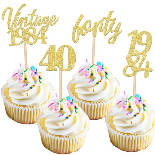24 Stück Vintage 1984 Tortendeko Glitzer 40 Forty Geburtstag Cupcake Toppers Awesome Since 1984 Fabulous 40 Kuchen Deko for 40th Geburtstag Jahrestag Party Kuchen Dekoration Gold