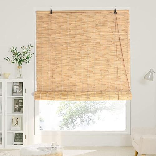 Rideau De Roseau Interieur,Store À Rouleau Filtrant La Lumière pour Fenêtres,Store Enrouleur Bambou Exterieur 70cm 80cm 90cm 100cm 110cm 120cm De Large,Paille Rideau Levage,NaturalWhiteLine