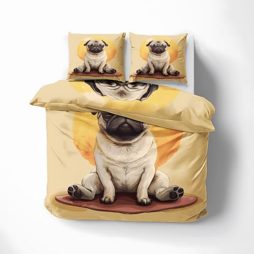 MOBEITI Mops Bettwäsche 200x220, Lustige Hunde Wendebettwäsche, Weiche Kuschelige Mikrofaser Bettbezug Set 3teilig, 2 Kissenbezug 80x80, mit Reißverschluss -MO&332