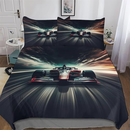 PAZZK F1-Rennen 2 teilig Bettwäsche, Bettbezug, Atmungsaktive Vier Jahreszeiten, Deckenbezug Set Für Mädchen Jungen, Mikrofaser Bettbezüge Mit Kissenbezügen Single (135x200cm)