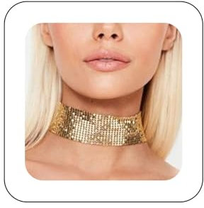 Xduargs Boho Gothic Pailletten Halskette (gold) - Weite Metall Netz Kette - Schmuck für Mädchen und Frauen - Party Accessoires - Geschenk für junge Frauen