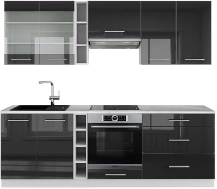 Vicco Küchenzeile Fame-Line, Anthrazit Hochglanz/Weiß, 235 cm, AP Marmor