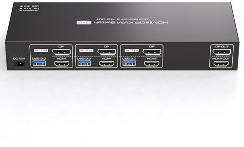 TJCXELE HDMI+Displayport 4K60Hz KVM Switch 3 PC 2 Monitore USB3.0 KVM Dual Monitor mit 4 USB3.0-Ports Für Drei Computer, die 2 Monitore teilen und 4 USB-Geräte mit 3 USB-Kabel und Fernbedienungen