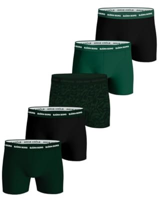 Björn Borg Cotton Stretch Boxer 5P, Boxershorts für Herren, Multi-Packs erhältlich, Schwarz, Dunkelgrün, Druck, XXL