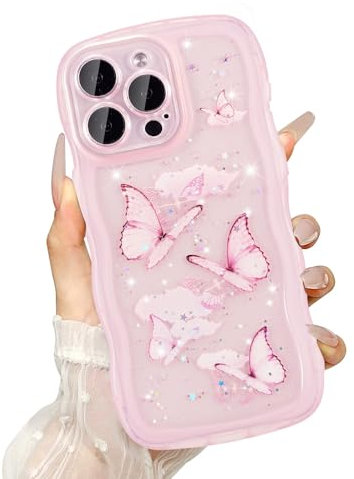UEEBAI Wave Case for iPhone 13 Pro Max, Cute Bling Butterfly Case for Girl Women, Pretty Glitter Sparkle Stars, Clear Curvy Protective Shockproof Bumper Phone Cover - Pink