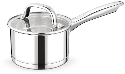 Homikit Stielkasserolle 14cm, Edelstahl Klein Milchtopf Kasserolle mit Glasdeckel, 3-Lagen Boden für alle Herdarten, 0,95l Kochtopf Induktion für kleine Portionen, Ungestrichen & Spülmaschinenfest