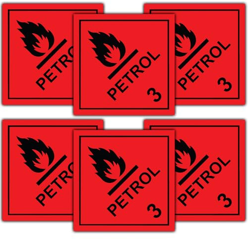 6 Pack Petrol 3 flammable Sticker signs - Dangerous substance labels - 100mm x 100mm - Self adhesive vinyl stickers
