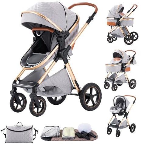 BEBBY Kinderwagen, Standard-Kinderwagen, Kinderwagen 3 in 1,Kinderwagen mit Faltbarem Tragbarem für Neugeborene aus Aluminium mit Beinabdeckung und Netz-H2-GREY