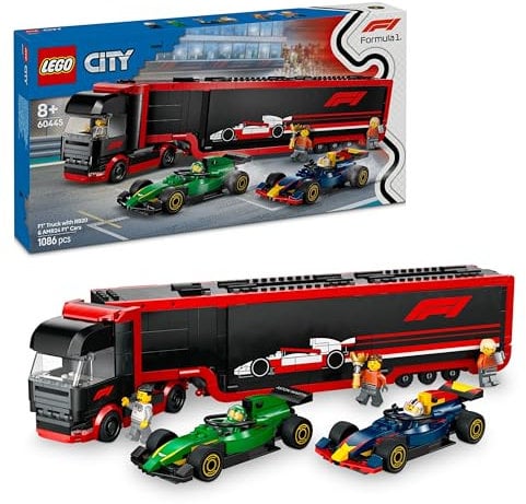 LEGO City Camion de F1 avec voitures de F1 RB20 et AMR24 - Transporteur pour véhicules Red Bull & Aston Martin avec 2 pilotes et un simulateur de course - Cadeau pour garçons et filles dès 8 ans 60445