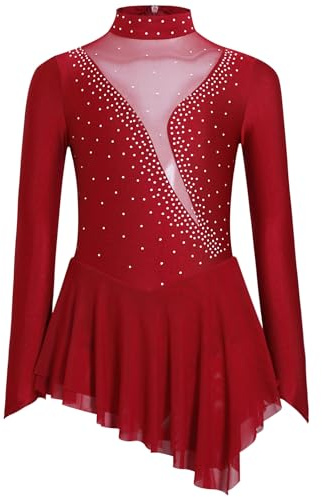 Zaldita Vestido de patinaje artístico para niña, manga larga, vestido de patinaje artístico con diamantes de imitación, traje de gimnasia con falda de baile, ropa de ballet