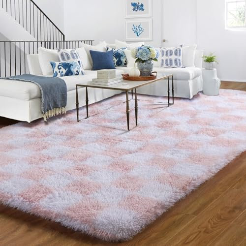 BYBSRLL Light Pink and White Rug for Bedroom, 120x180cm Checkered Living Room Area Rugs for Kids Girls Room, Nursery, Lounge, Thick Soft Fluffy Plush Checkerboard Floor Carpet