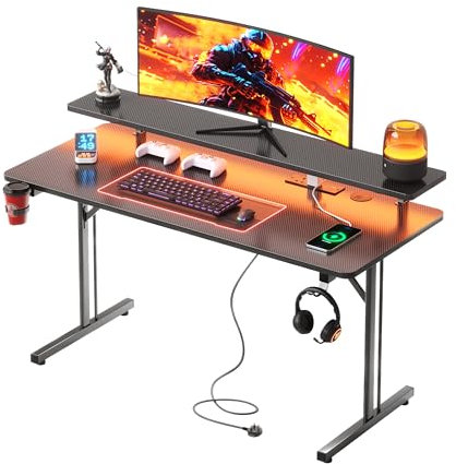 CAIYUN Gaming Desk, 100 x 50 cm Computer Desk with LED Light Strips & Power Outlets, Office Desk with Full Monitor Stand Carbon Fiber Black