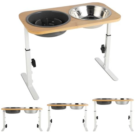 Raised Dog Bowl Slow Feeder with Wooden Stand, 3 Heights Adjustable Elevated Dog Bowls with 1200ML Slow Feeder Bowl & Stainless Steel Bowl, Dog Feeding Station for Small Medium Large Dogs and Pets
