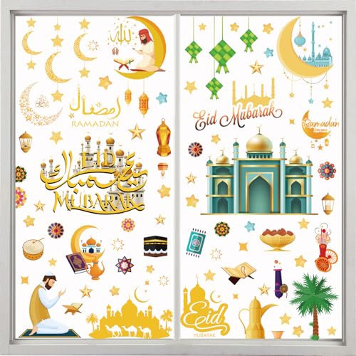 9 Stück Eid Mubarak Dekoration Selbstklebende Fenstersticker, Ramadan Fensterdekor mit Halbmond Stern Design, Islamische Fensterbilder für Türen, Wände & Geschenke, Muslimische Festtagsdekoration