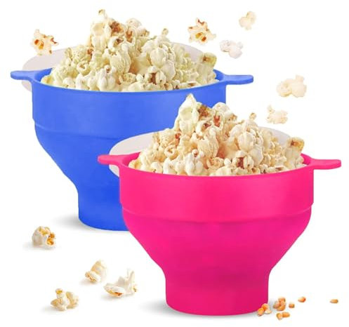 2 pcs Pop Corn Micro Ondes Silicone Popcorn Maker Collapsible Bowl with Lid Reusable Microwave Popcorn Maker Pliable Machine à Popcorn Conteneur Popcorn en Silicone pour Maison Cuisine Film (bleu)