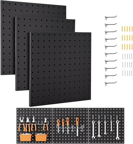 WUDLEP 3 Pack Extra Large Peg Board, 60×60 cm, Garage Storage Black Pegboard Wall Organizer, Metal Pegboard Panels with 10 Hooks, Modular Wall Mounted Control Peg Board Tool Organization, Black