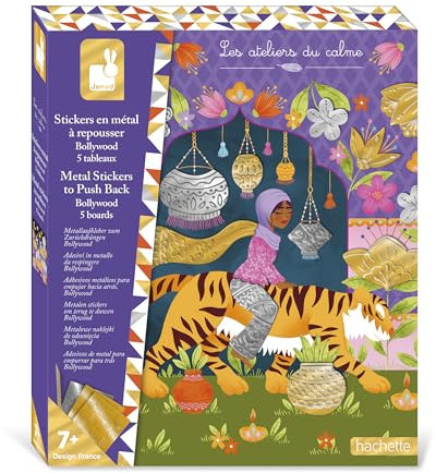 Janod - Stickers en Métal à Repousser - 5 Tableaux à Décorer - Thème Bollywood - Les Ateliers du Calme - Kit Loisir Créatif Enfant - Dextérité et Concentration - Dès 7 Ans - J09165