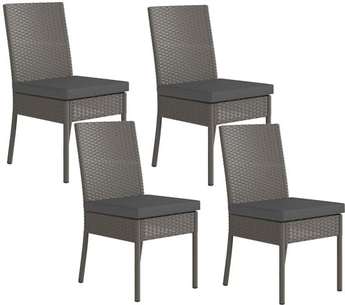 Outsunny 4 Pieces PE Rattan Garden Chairs with Cushion, Patio Wicker Dining Chairs with Backrest for Patio, Deck, Garden, Dark Grey