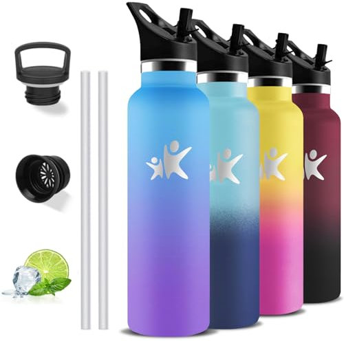 Gourde Isotherme, Gourde 1l, Sans BPA, Bouteille Isotherme, Anti Fuite, Gourde Inox, Double Isolation, Gourde Paille Adulte, Facile à Nettoyer, Gourde Running, pour Voyage, Camping, Yoga, Randonnée