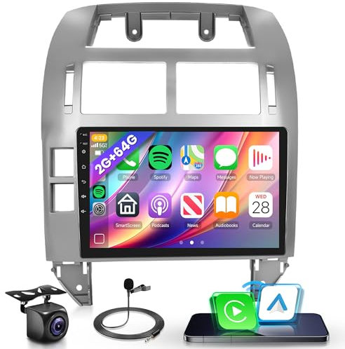 2G+64G Inalámbrico Carplay Android Radio Coche para VW Polo MK4 2001-2011 9 Pulgadas Radio Coche 2 Din con Inalámbrico Android Auto GPS Navi WiFi Mirror Link Bluetooth FM/RDS/EQ/USB/SWC Cámara Trasera