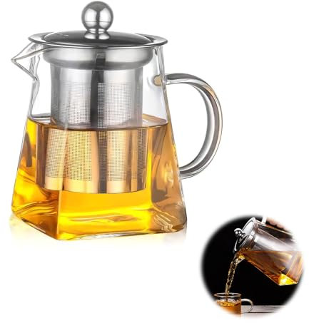 Horktrust Tetera de cristal, 350 ml, con filtro de acero inoxidable — Tetera cuadrada transparente — Ideal para preparar infusiones de hierbas y bebidas frías o calientes, con tapa