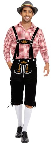 IEEILULU Oktoberfest Herren Outfit, Deutsch Bayern Oktoberfest Kostüm Herren Set mit Abnehmbarem Lätzchenträger, Karierten Hemden, Kniesocken und Bayerischen Filzhüte (Rot, XXL)