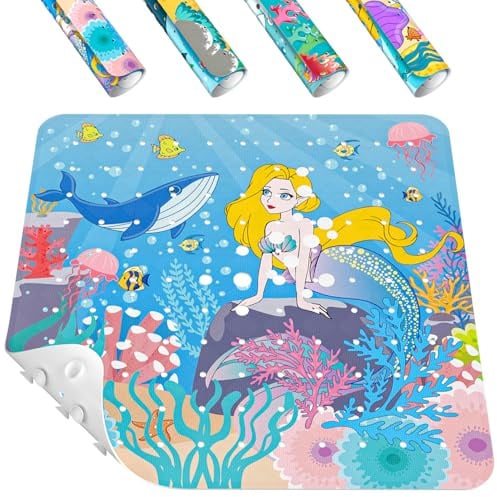 HITSLAM Quadratische Duschmatte rutschfest Kinder, 53 x 53 cm Baby antirutschmatte dusche, Badewannenmatte mit starken Saugnäpfen und Abflusslöchern, maschinenwaschbar, Meerjungfrau