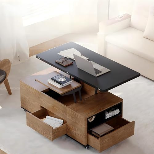 Homary Table Basse Relevable, Table Basse Salon Bois avec Rangement Caché, Mode Bureau Salle à Manger, Tournante Hydraulique, Meuble Convertible, Hauteur Réglable, Tabouret Non Inclus