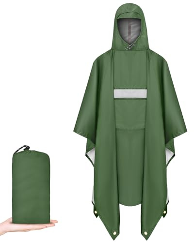 Vicloon Poncho de Pluie Multifonction, Poncho Pluie Imperméable 3 en 1 Réutilisable Cape de Pluies pour Moto/Vélo Avec Capuche pour Randonnée en Plein Pêche, Vert avec Poches Bandes Réfléchissantes