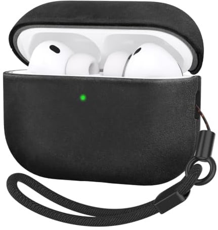 Bouixel Leder Hülle für AirPods Pro 3 (2025), Handgefertigtes Vintage Echtleder Case, MagSafe-kompatibel, Stoßfeste Schutzhülle mit Handschlaufe für Apple AirPods Pro 3. Generation, Schwarz