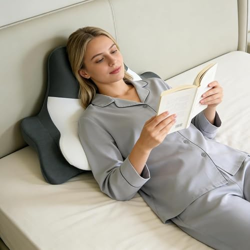 FATIVO Coussin de Lecture 2-en-1, Oreiller Ergonomique avec Hauteur Double 12/27 cm, Support Cervical pour Lire au Lit et Dormir sur Le Dos, Mousse à Mémoire Haute Densité (60D/30D), Housse Lavable