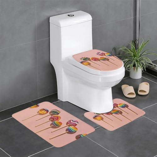 YYHWHJDE Badteppich-Set mit buntem Lutscher-Druck: 3-teilige rutschfeste Bodenmatte (61 x 40,6 cm) für WC, Waschtisch und Toiletten, leicht zu reinigen