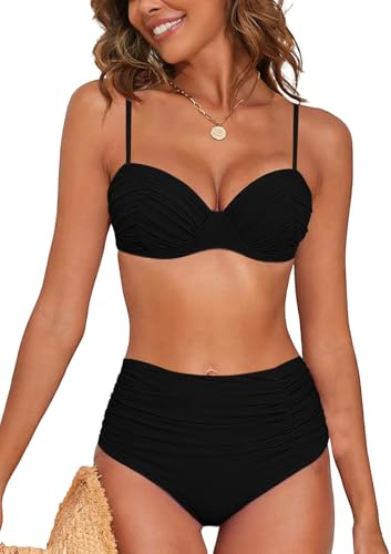 NLAND Maillot de Bain Femme 2 Pieces Taille Haute Ventre Plat Ensemble Bikini Push Up Rembourré Sexy Bikini Set avec Armatures Swimwear Beachwear