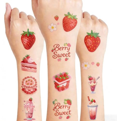 Qpout 10 hojas tatuajes temporales de fresa para niños, pegatinas impermeables de tatuajes falsos para niños y chicas decoraciones de cumpleaños de fresa