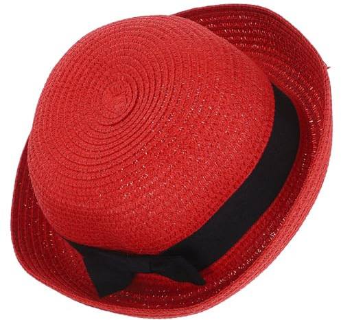 Baluue Chapeau de Soleil Femme en Paille Légère à Large Bord Enroulable, Chapeau Melon Rouge avec Nœud, Taille Unique 56-58 Cm, Plage, Jardin et Sorties Estivales