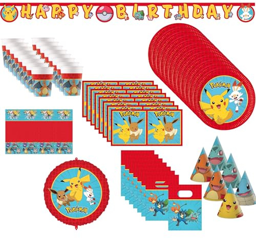 Procos Pokemon Partyset 69-tlg. für 16 Kinder FSC® | 16 Teller, 16 Becher, 20 Servietten, 1 Tischdecke, 8 Partytüten, 6 Partyhüte, 1 Partykette, 1 Folienballon