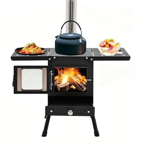 Zeltofen Holzofen mit Rohr, 8kg Klappbarer Tragbarer Camping Ofen Holz mit Handschuhe, 36-56cm Höhenverstellung Freistehend Raketenofen Outdoor für Kochen, Heizquelle